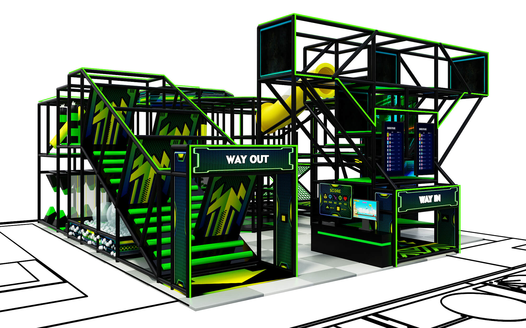 Modélisation 3D d'un parcours d'obstacles interactif sur plusieurs niveaux, au design moderne noir et vert néon, équipé d'écrans de score pour l'aménagement de parcs de loisirs indoor.