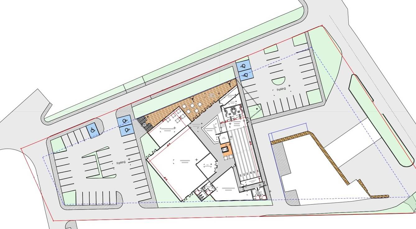 Plan d'architecte et d'aménagement 2D d'un complexe de loisirs indoor, illustrant l'agencement des parkings, des zones d'activités et des flux de circulation, conçu par Play In Business.