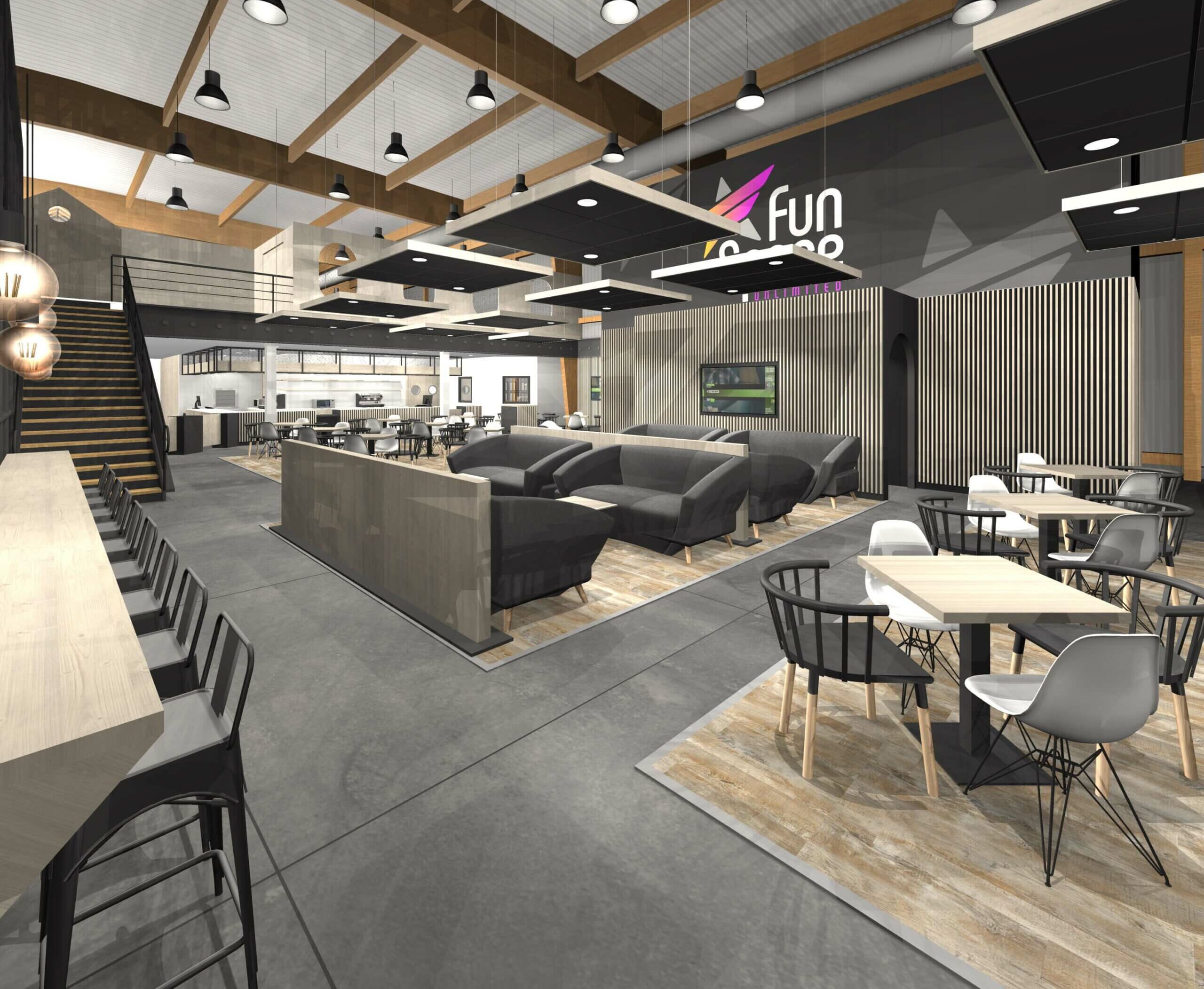Un espace détente et snack moderne et lumineux pour parents dans un parc de loisirs, conçu pour prolonger la visite des clients.