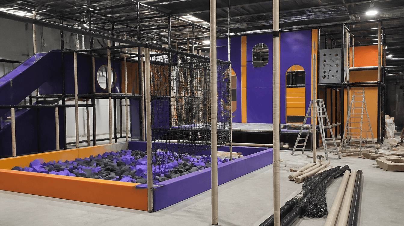Structure de jeu indoor sur-mesure en forme de cargo, conçue et montée par nos équipes spécialisées pour un résultat millimétré.