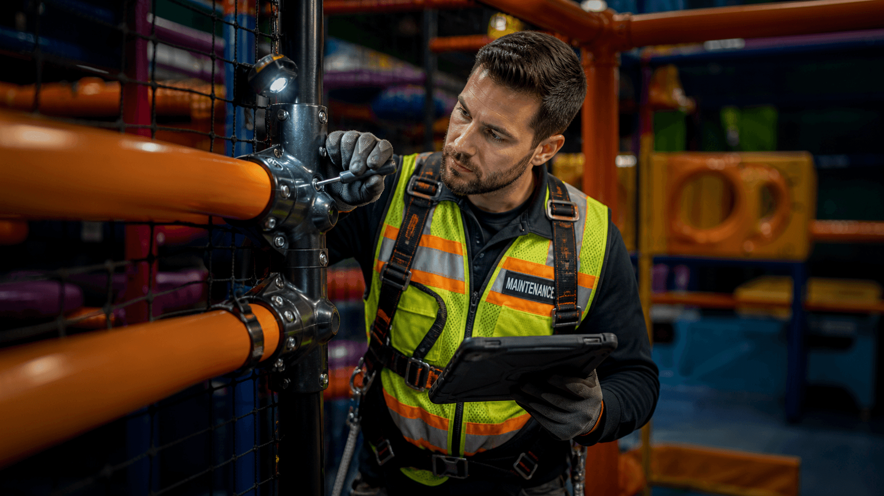 Un technicien expert en tenue de sécurité effectue une inspection méthodique d'une structure de jeu indoor avec une tablette. Play In Business assure une maintenance rigoureuse pour la sécurisation de vos utilisateurs.