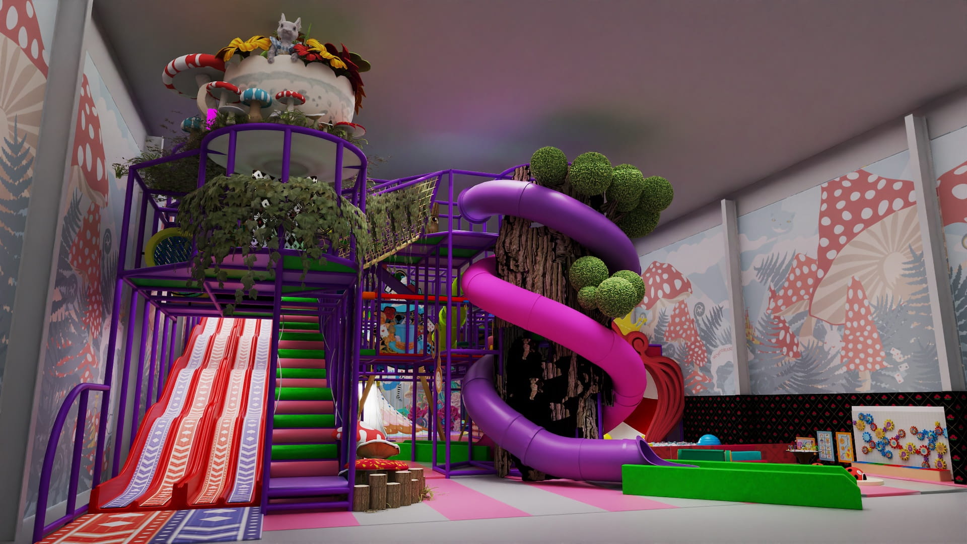 Photo d'un projet de complexe imaginé par Play in Business. La photo présente notamment un premier toboggan en premier plan et un second qui tourne sur lui-même en second plan.