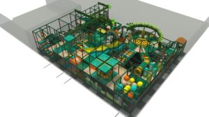 Plan 3D sur-mesure illustrant l'étape de personnalisation et de conception d'une aire de jeux intérieure.